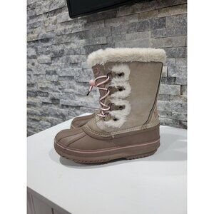 LONDON FOG SNOW BOOTS BROWN/GOLD FAUX FUR SYNTETIC UPPER SIZE 3